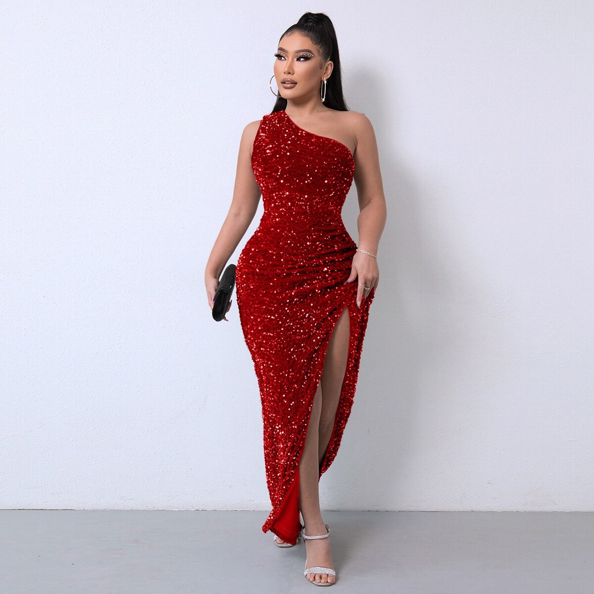 Tobinoone One Shoulder Wrap Split Thigh Sequin Formal Dress