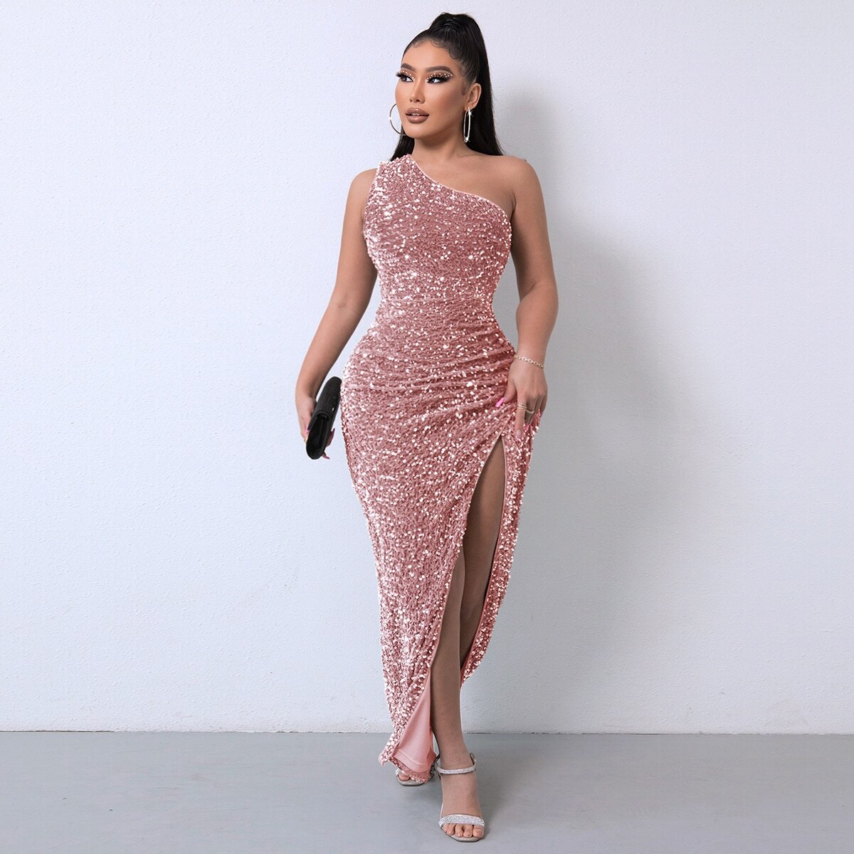 Tobinoone One Shoulder Wrap Split Thigh Sequin Formal Dress