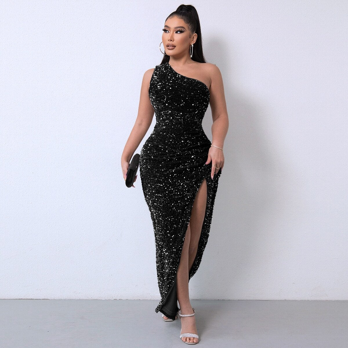 Tobinoone One Shoulder Wrap Split Thigh Sequin Formal Dress