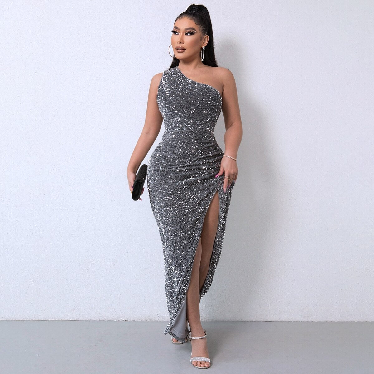 Tobinoone One Shoulder Wrap Split Thigh Sequin Formal Dress