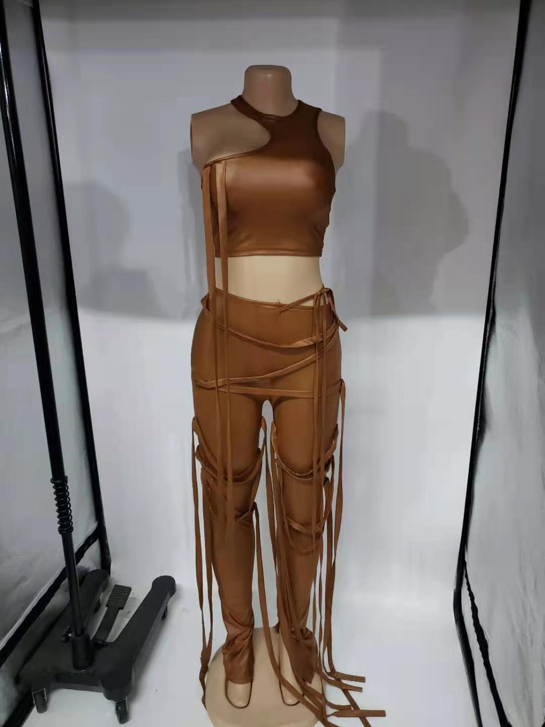 PU Leather Bandage Two Piece Set Women Sexy One Shoulder Crop Top + Lace Up Slit Hem Pants Club Party 2 Piece Set Outfits y2k