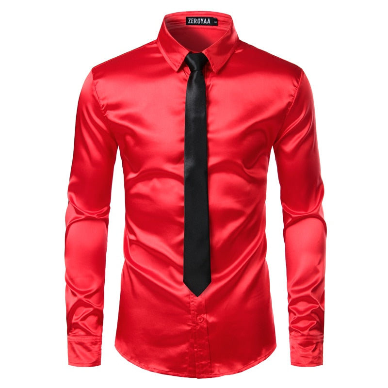 2pcs Silver Silk Shirt+Tie Mens Satin Smooth Tuxedo Shirts