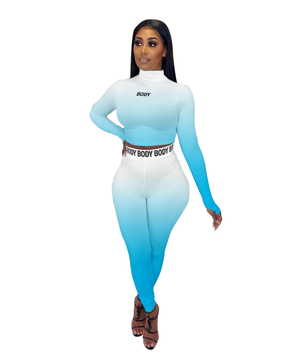 Sexy Women Sport Two Piece Set Casual Letter print Long Sleeve Crop Tops Tee Bikers Pants