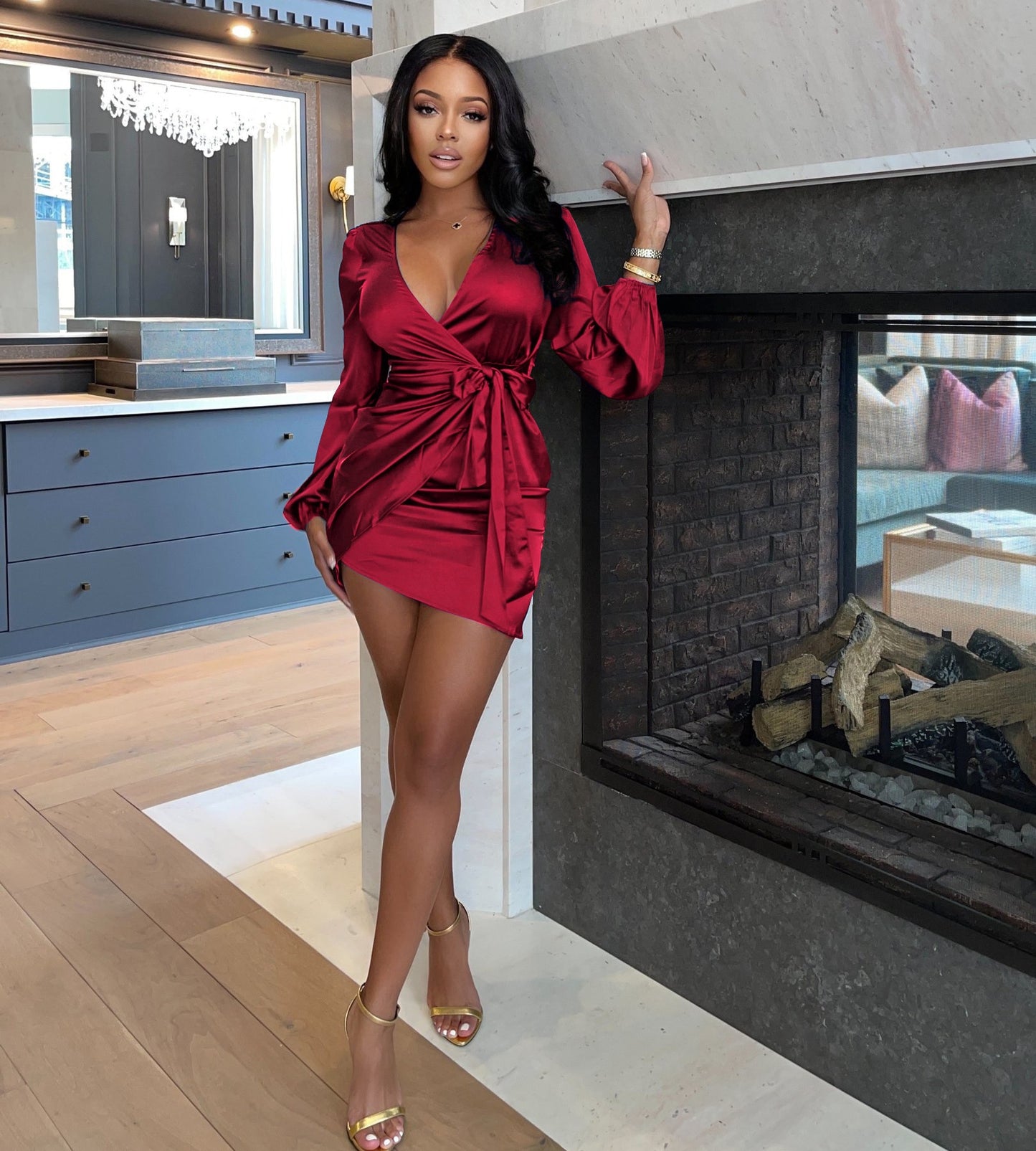 Women Sexy Long Sleeve Lace Tie Up V-neck Irregular Dress Sexy Night Party Fall Winter Mini Dresses