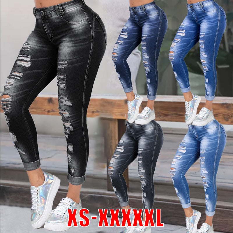 High Waist Skinny Ripped Jeans Women 2020 Fashion Trousers Washed Denim Jeans Hollow Hole Bleached Pencil Pants Plus Size S-6XL