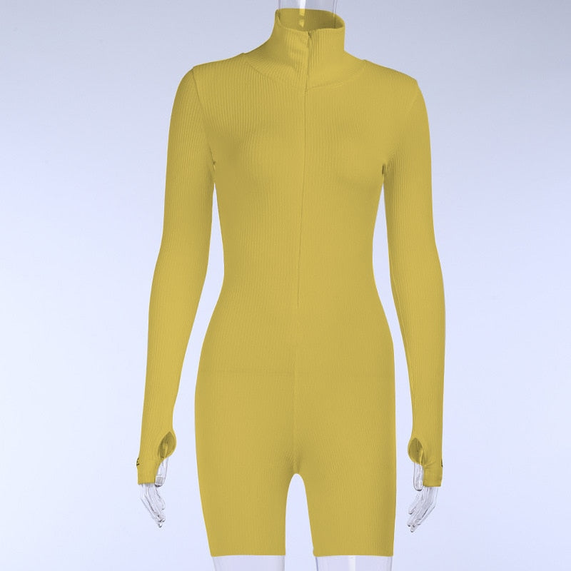 Turtleneck Knit Rib Bodycon Fitness Playsuit Sportswear Long Sleeve Zipper Body Embroidery Lucky Label Rompers Womens Jumpsuit