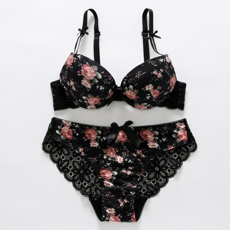Floral Women Underwear Lace Sexy Push-up Bra and Panty Lingerie Set Comfortable Padded Brassiere Adjustable Gathered Sets