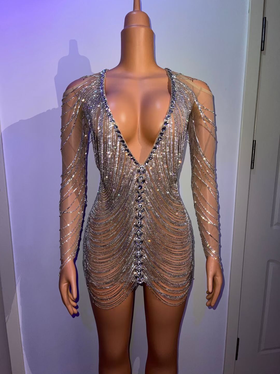 Sparkly Rhinestone V Neck Women Birthday Dress Chain Sleeve Jazz Dance –  Mega Mart Center