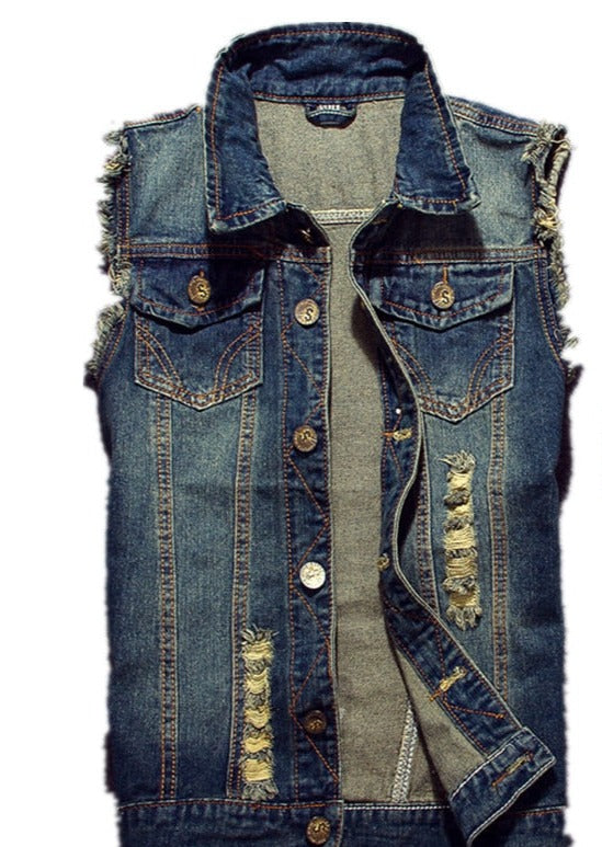 2022 Ripped Jean Jacket Men's Denim Vest Hip Hop Jean Coats