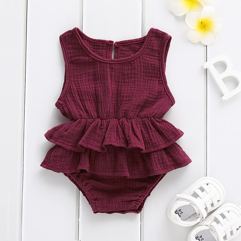 US Stock Cute Newborn Kid Baby Girl Clothes Sleeveless Bodysuit Dress Cotton&Linen 1PC Outfit