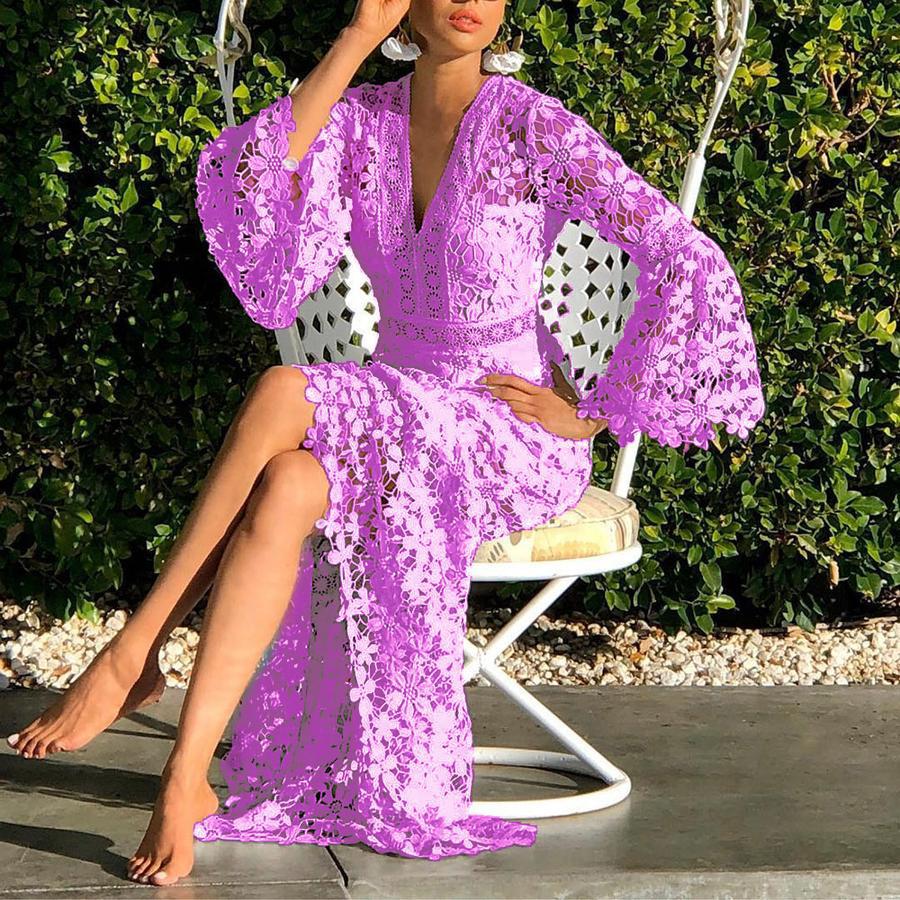 Women Dresses Lace Dress Flare Sleeve V-neck Hollow Out Long Sleeve White Sexy Long Dresses Party Evening