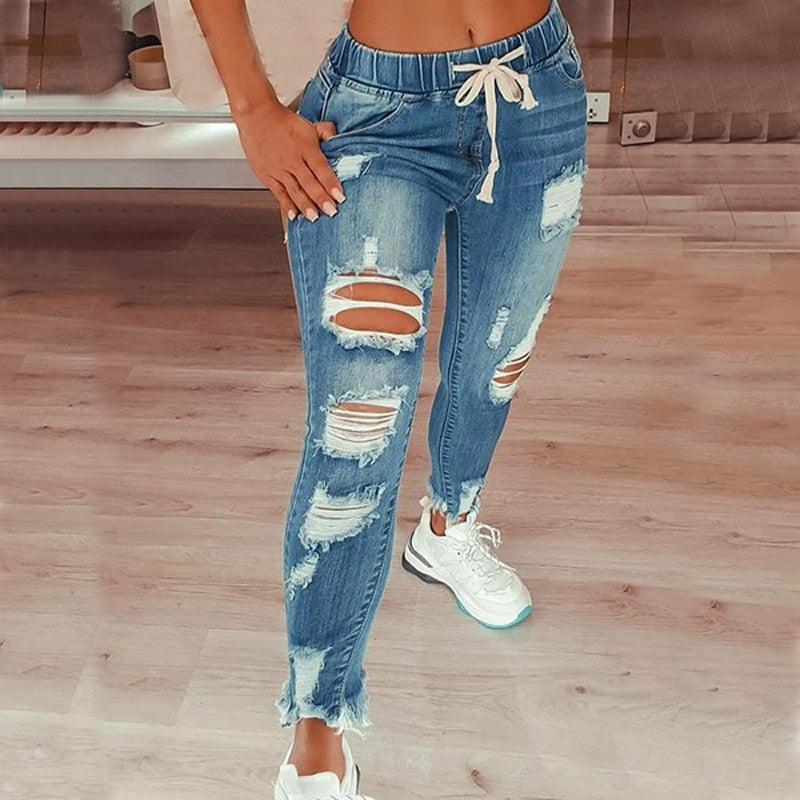 Drawstring Denim Jeans For Women Ripped Hole Stretch Jean Ladies Full Length Pencil Pants