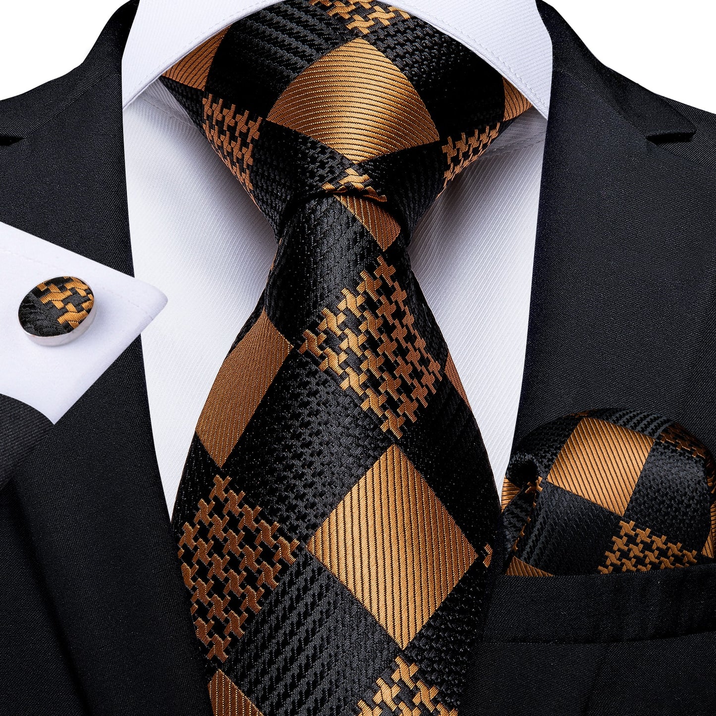 Men Tie Black Gold Paisley Quality Wedding Tie For Men Hanky Cufflink Silk Tie Set DiBanGu Novelty Design Business Party MJ-7313
