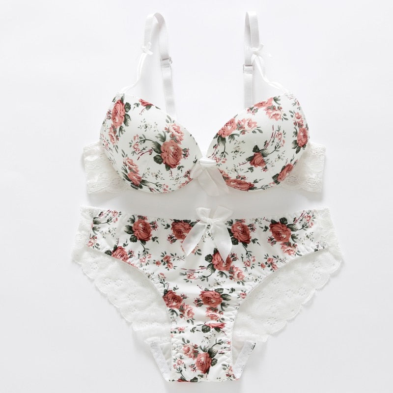 Floral Women Underwear Lace Sexy Push-up Bra and Panty Lingerie Set Comfortable Padded Brassiere Adjustable Gathered Sets