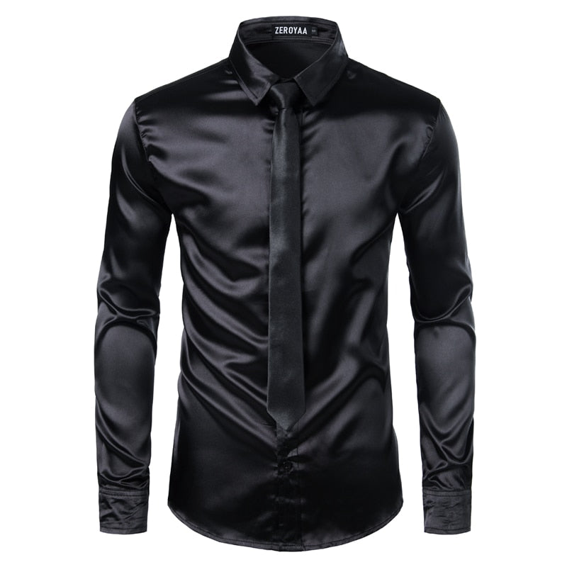 2pcs Silver Silk Shirt+Tie Mens Satin Smooth Tuxedo Shirts