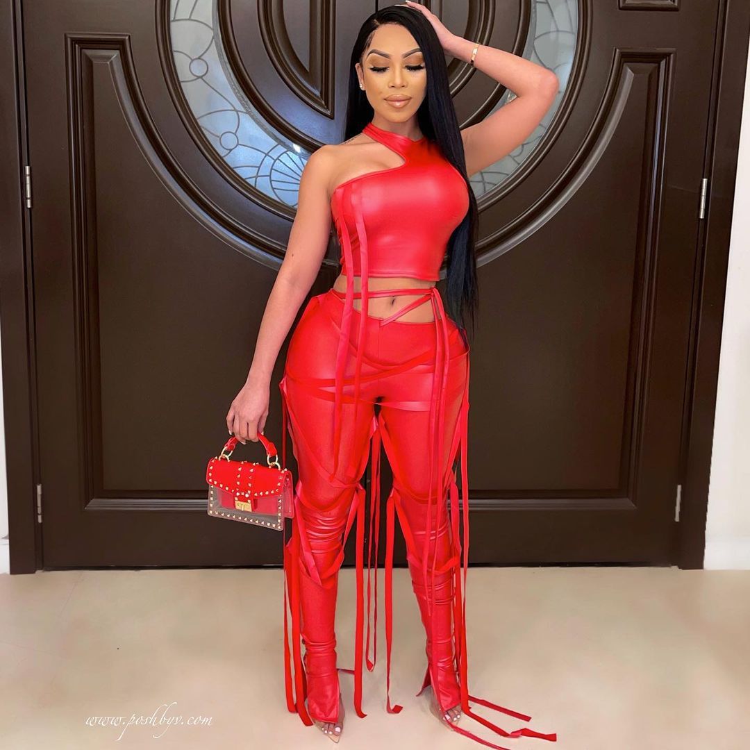 PU Leather Bandage Two Piece Set Women Sexy One Shoulder Crop Top + Lace Up Slit Hem Pants Club Party 2 Piece Set Outfits y2k