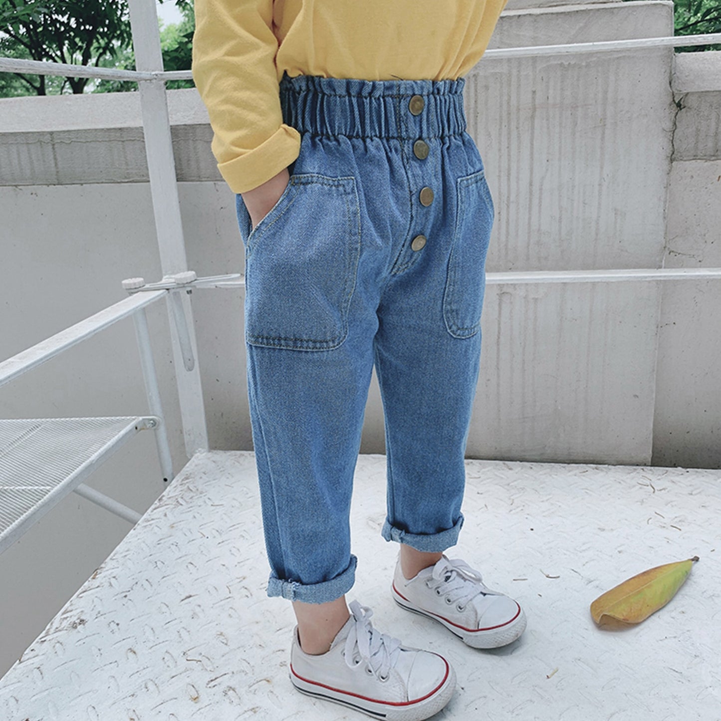 Lioraitiin 0-5Years Toddler Baby Girl's Jeans All-Match Elastic Waist Denim Ripped Pants