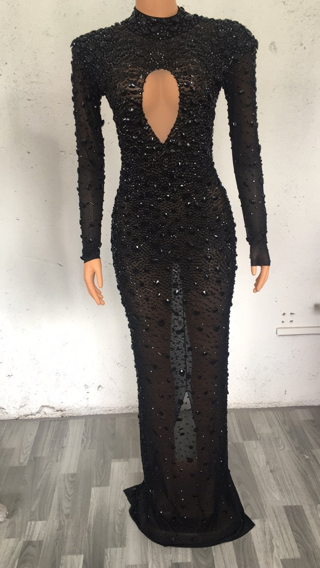 Flashing Silver Crystals Stones Sexy Transparent Long Dress Evening Birthday Celebrate Mesh Stretch Dance Long Sleeves Dress