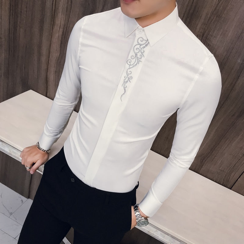 2022 Spring Men's Vintage Embroidered Shirt Long Sleeve Slim Social Club