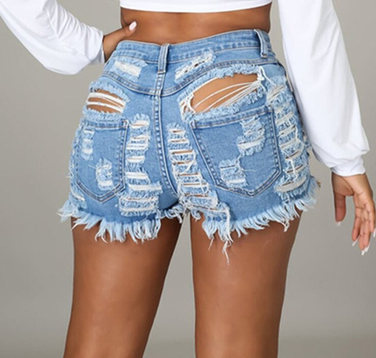 2021 Sexy New Light Blue Ripped Cut Out Denim Shorts