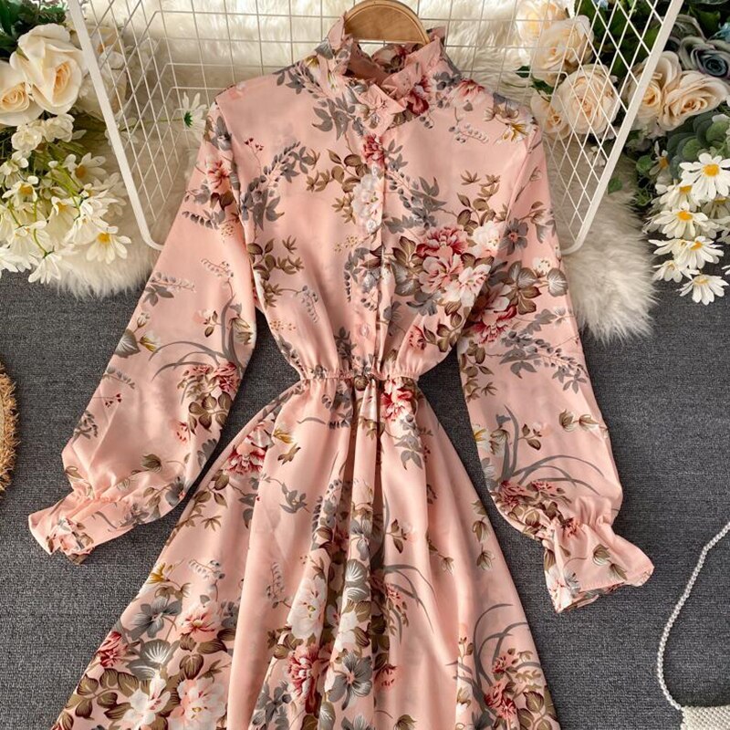 2021 Vintage Floral Print Stand collar Chiffon Dress