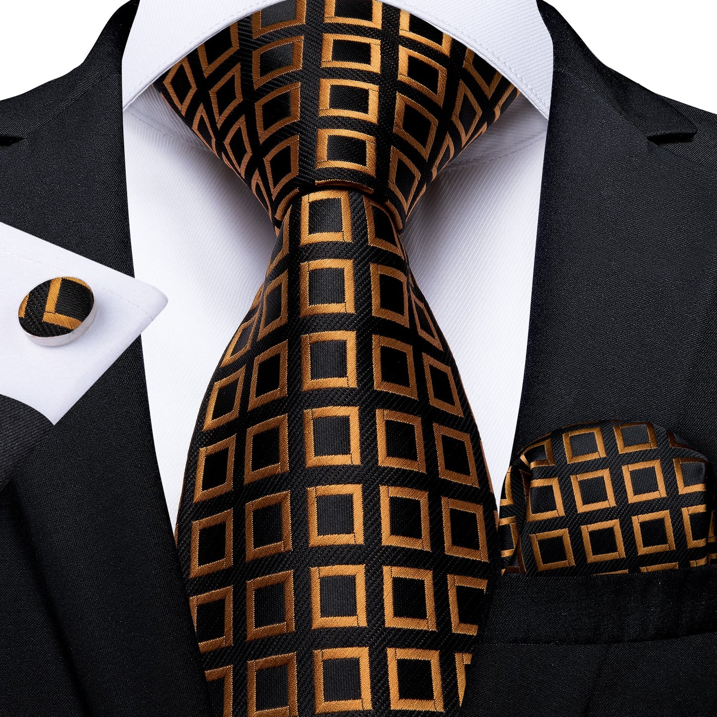 Men Tie Black Gold Paisley Quality Wedding Tie For Men Hanky Cufflink Silk Tie Set DiBanGu Novelty Design Business Party MJ-7313