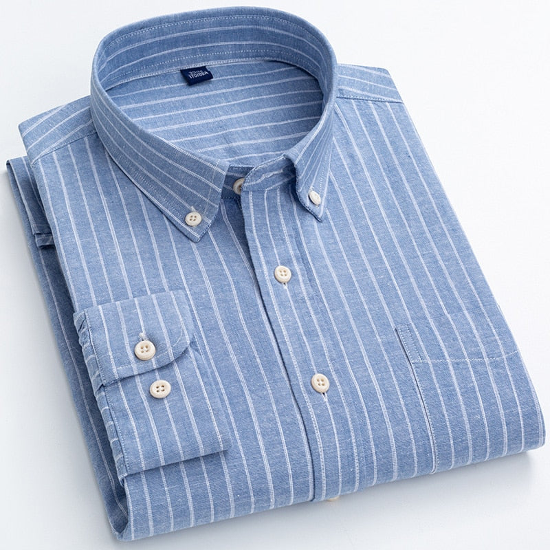 Men's Regular-Fit Shirt Cotton Line Long Sleeve Loose Business Dress Pure Color Button Shirt Men Blue White Tops Camisa Hombre L