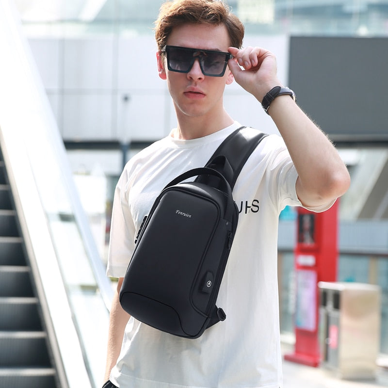 Fenruien Men Shoulder Bag for 9.7" iPad USB Charging Chest Bag Short Trip Water Repellent Crossbody Bag Black 2020 New