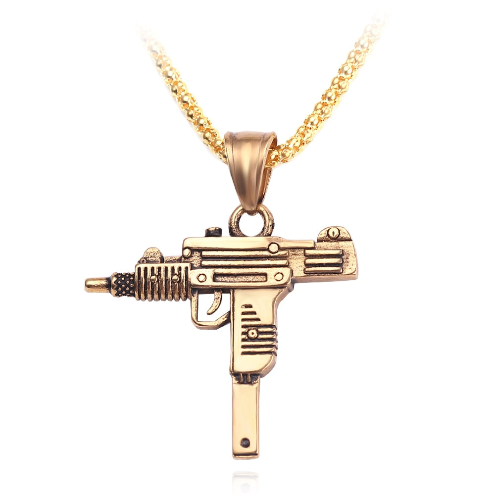 Cool Gothic Hip Hop UZI Kolye GUN Shape Pendant Necklace Gold Black Silver Color Army Style Male Chain Men Necklaces Jewelry