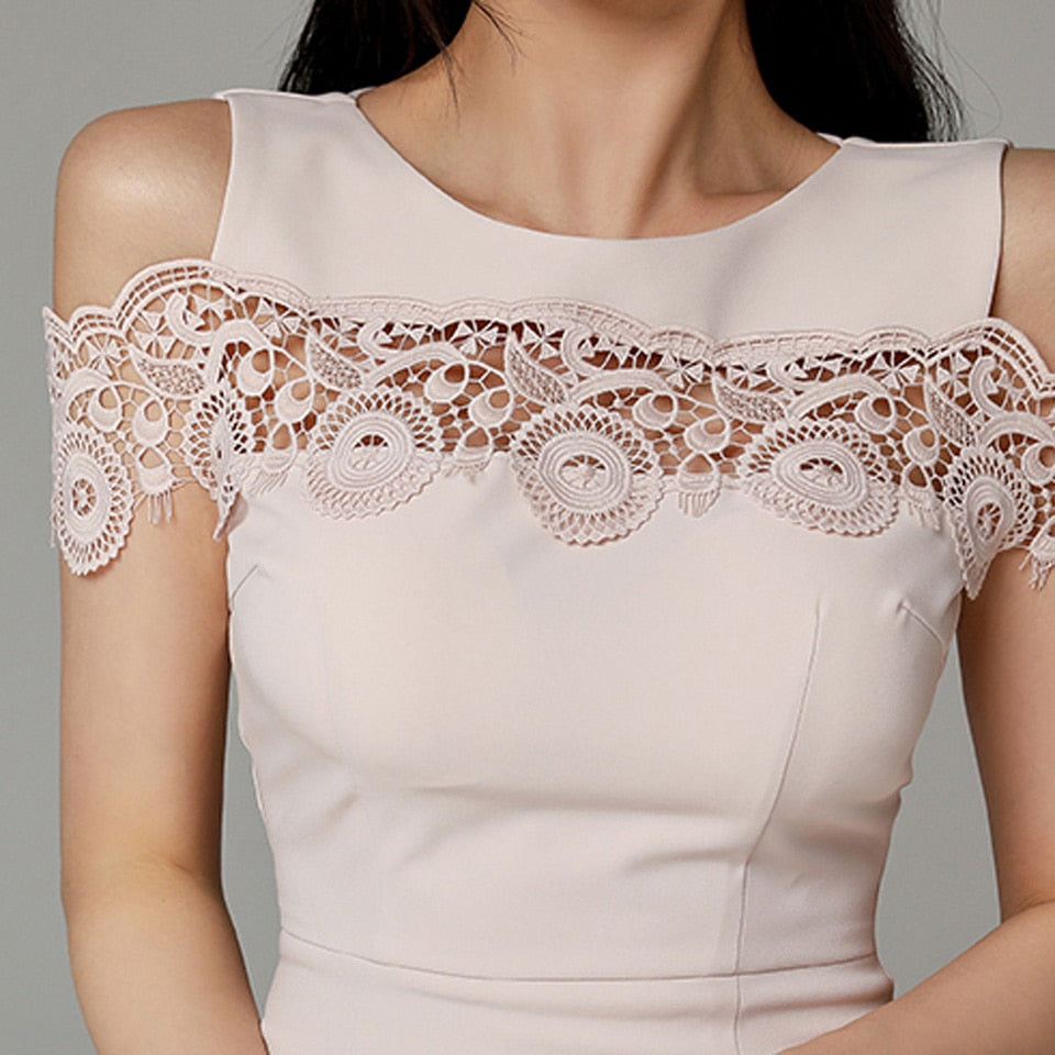 Pink Office Elegant Dress 2022 Summer Temperament Hollow Decorative Lace Stitching High Waist Tight Party Women's Dresses