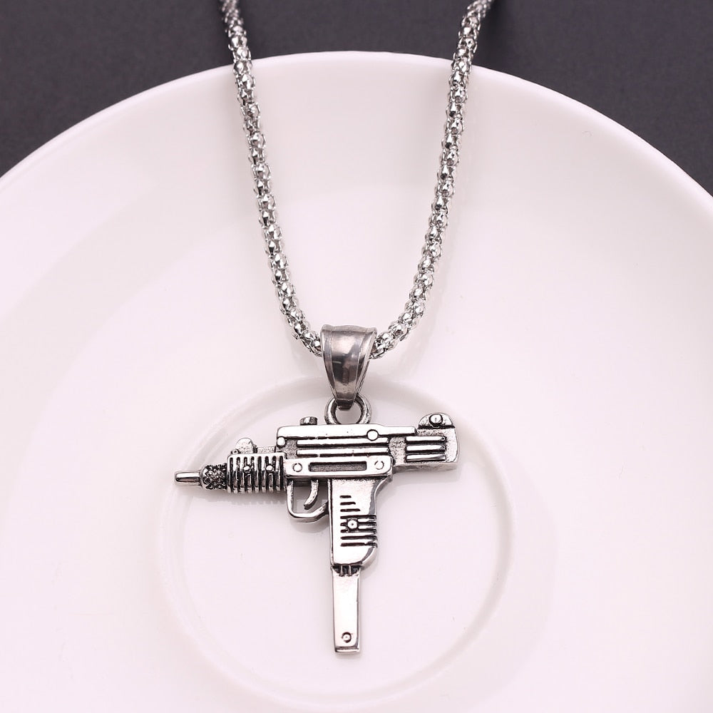 Cool Gothic Hip Hop UZI Kolye GUN Shape Pendant Necklace Gold Black Silver Color Army Style Male Chain Men Necklaces Jewelry