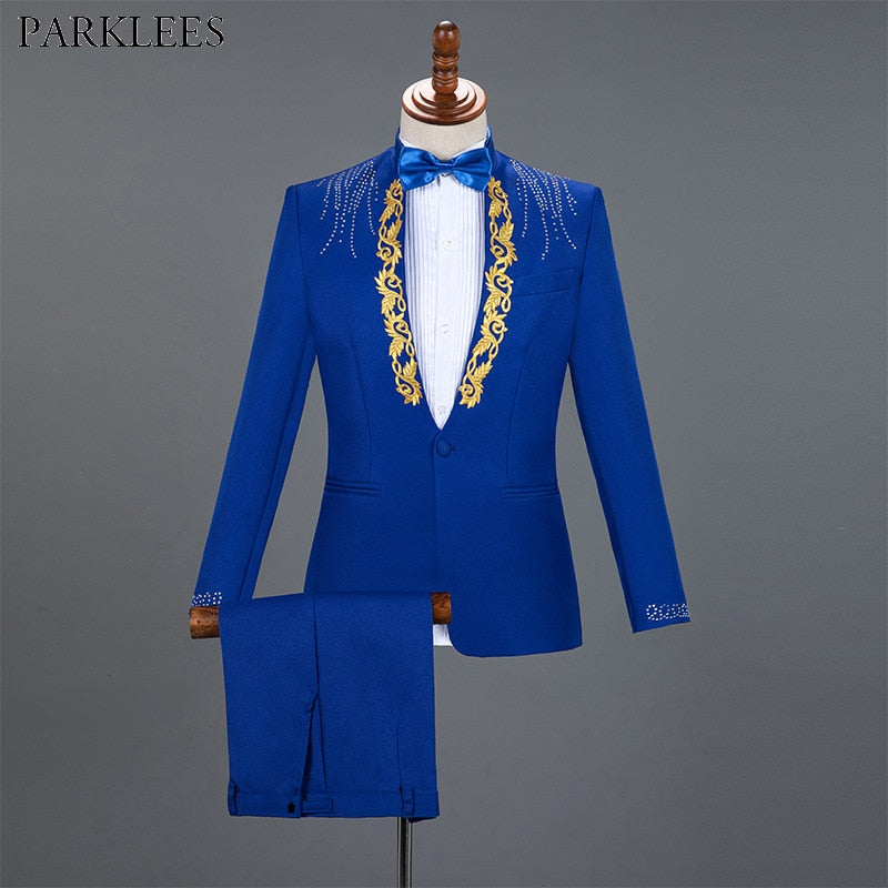 3x and 4x Diamond Royal Blue Men Suit Set Gold Embroidered Wedding Mens Slim Fit Tuxedo Mens Suits with Pants Prom Show Stage Costume