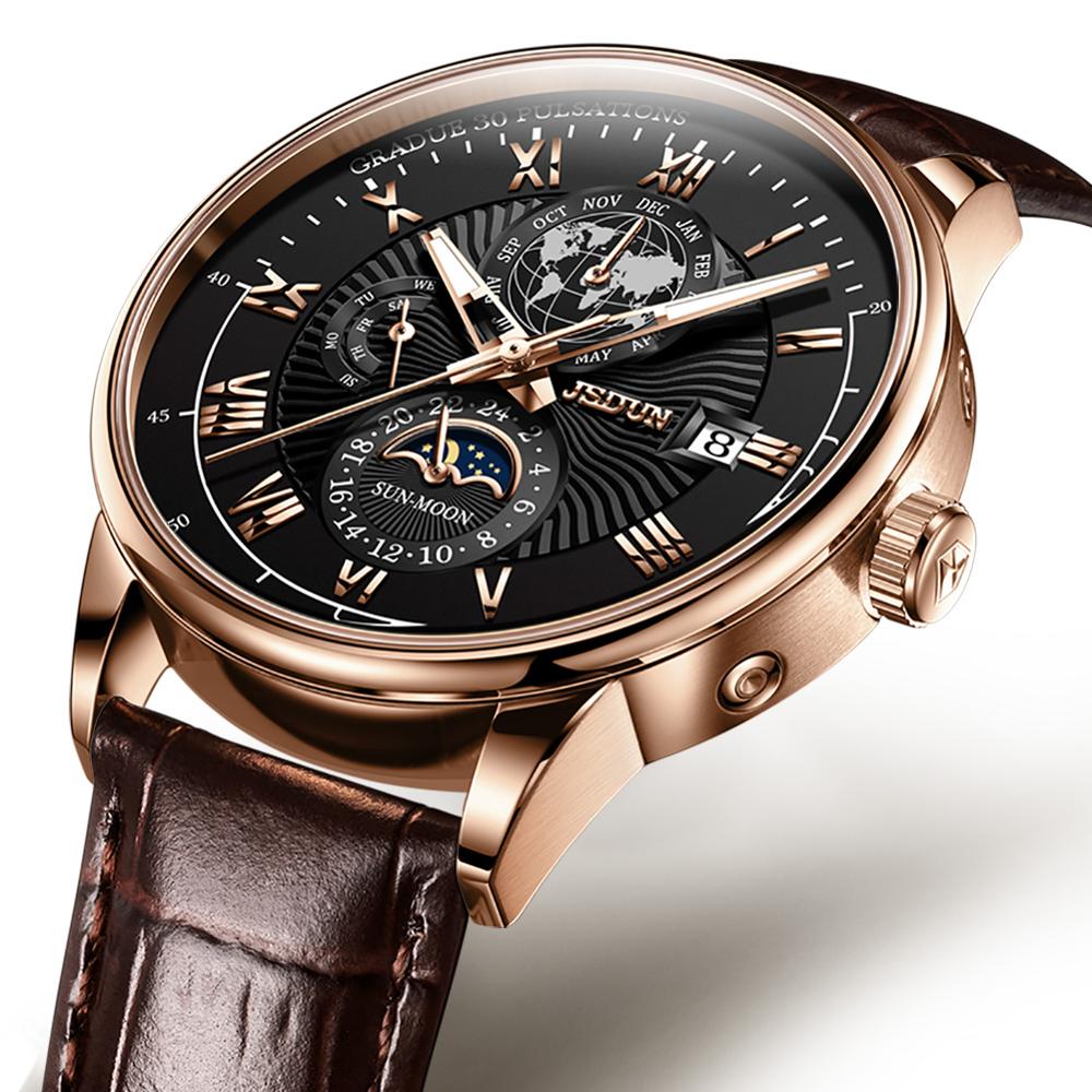 JSDUN Men's Mechanical Watch Luminous Leather Strap Waterproof Man Watch Top Brand Luxury Business Watch For Men Moonswatch 8909