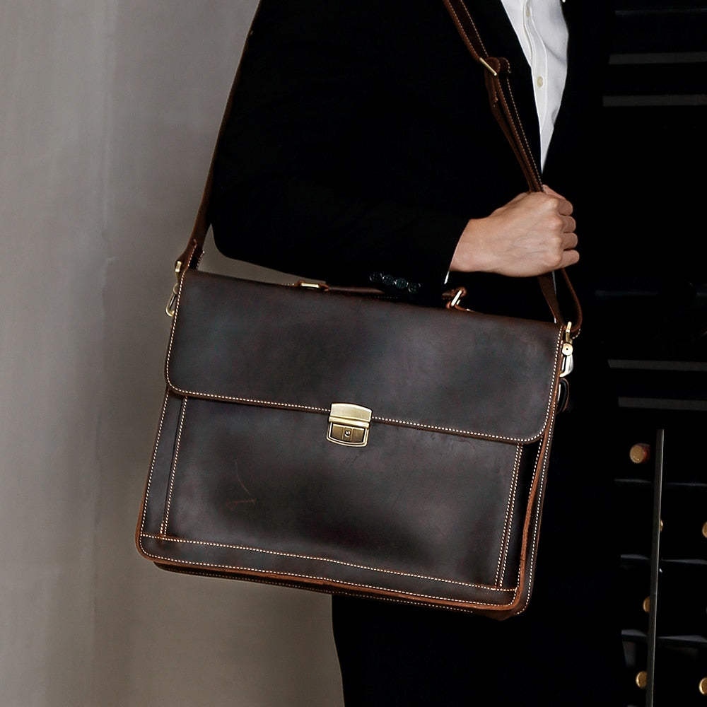 JOYIR Crazy Horse Genuine Leather Men's Briefcase Vintage Messenger Shoulder Bag Men's Business Laptop Handbag For Male 6393