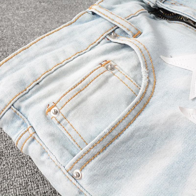 Men's Leather Stars Patches Design Jeans Streetwear Patchwork Ripped Stretch Denim Pants Slim Skinny Pencil Trousers