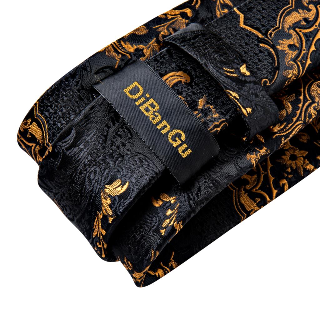 Men Tie Black Gold Paisley Quality Wedding Tie For Men Hanky Cufflink Silk Tie Set DiBanGu Novelty Design Business Party MJ-7313