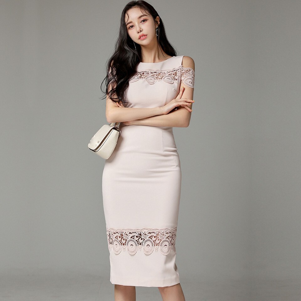 Pink Office Elegant Dress 2022 Summer Temperament Hollow Decorative Lace Stitching High Waist Tight Party Women's Dresses