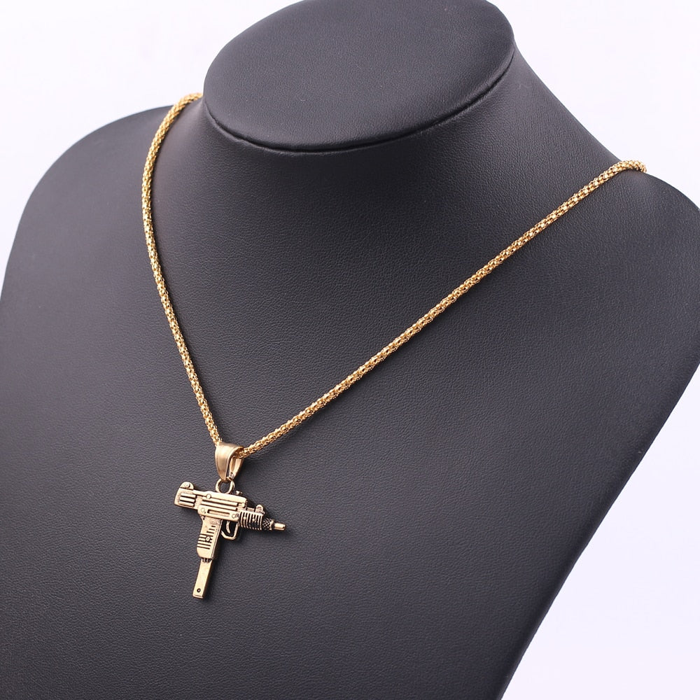 Cool Gothic Hip Hop UZI Kolye GUN Shape Pendant Necklace Gold Black Silver Color Army Style Male Chain Men Necklaces Jewelry