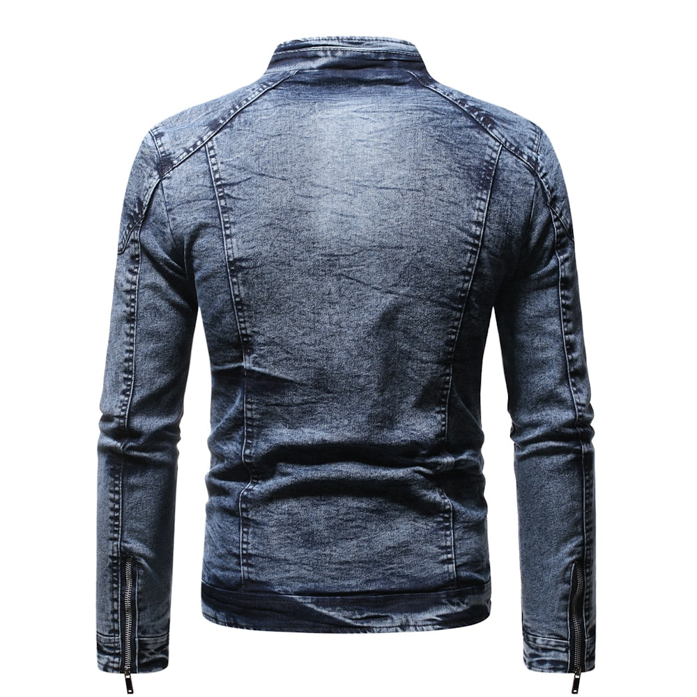 Denim Jacket Men Moto Biker Jean Jacket Autumn Winter Fashion Solid Plus Velvet Stand Collar Mens Denim Jacket Casual Coat Men