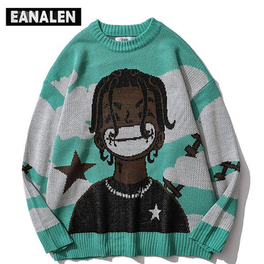 Harajuku vintage cartoon anime knitted sweater men winter oversized men's rock hip hop rap pullover women jumper ugly sweater