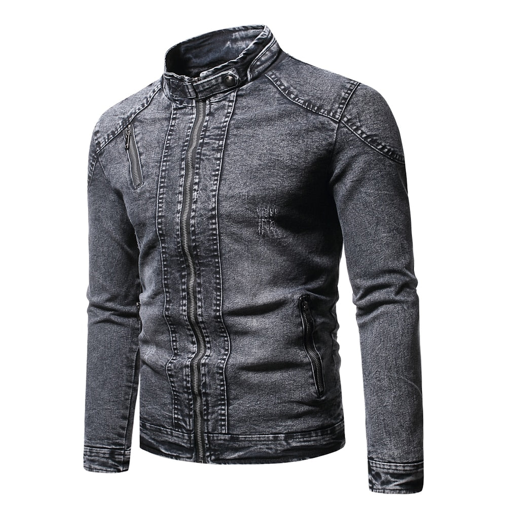 Denim Jacket Men Moto Biker Jean Jacket Autumn Winter Fashion Solid Plus Velvet Stand Collar Mens Denim Jacket Casual Coat Men