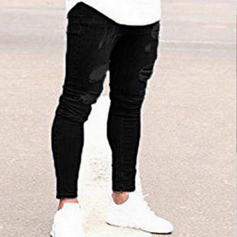 2022 Pencil Pants Elastic Sweatpants Men Fit Solid Ripped Denim Harem Pants