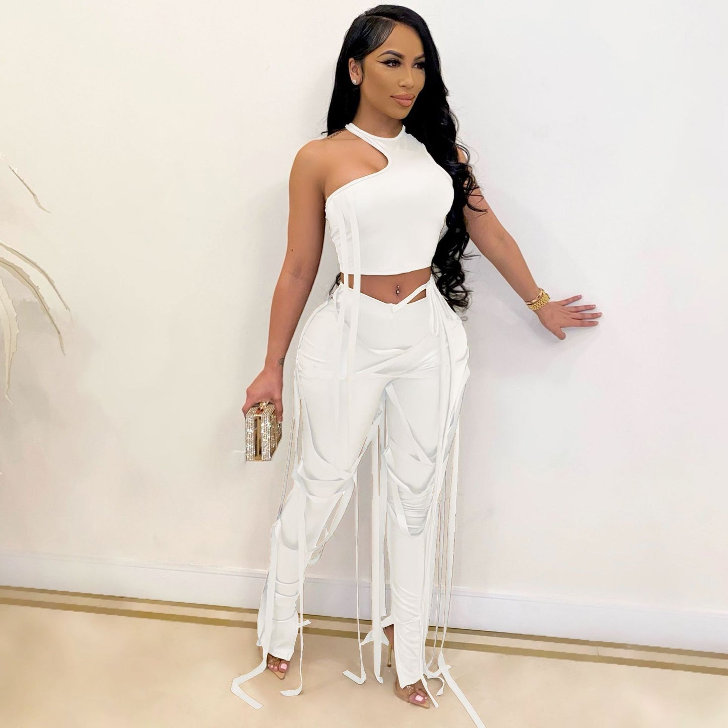 PU Leather Bandage Two Piece Set Women Sexy One Shoulder Crop Top + Lace Up Slit Hem Pants Club Party 2 Piece Set Outfits y2k