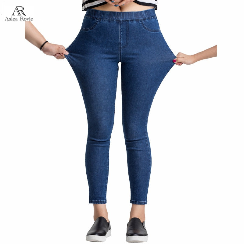 Women Jeans Casual High Waist Summer Autumn Pant Slim Stretch Cotton Denim Trousers For Woman Blue Black 100kg