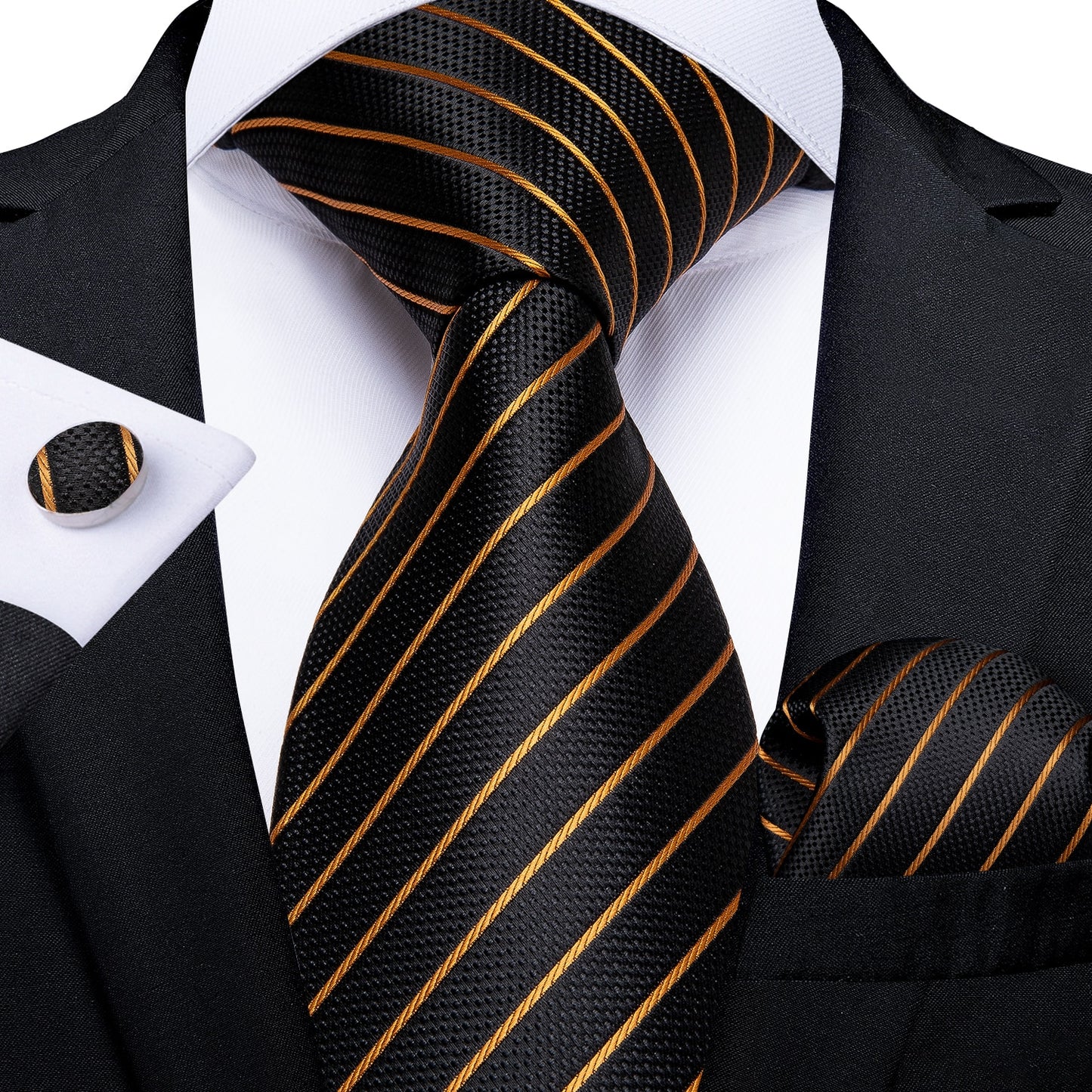 Men Tie Black Gold Paisley Quality Wedding Tie For Men Hanky Cufflink Silk Tie Set DiBanGu Novelty Design Business Party MJ-7313