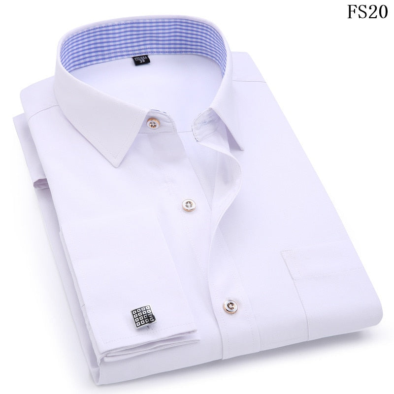 Men French Cufflinks Shirts White Collar Design Solid Color Jacquard Fabric Male Gentleman Dress Long Sleeves Shirt