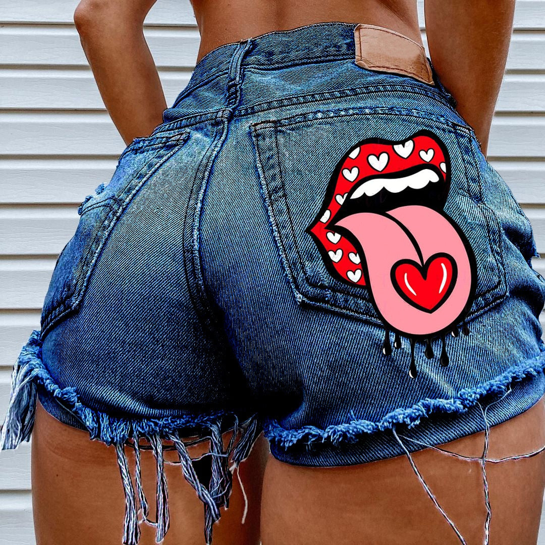 Hot Summer Women's Shorts Pockets Printed Pattern Big Stone Love Ripped Raw INS Influencer