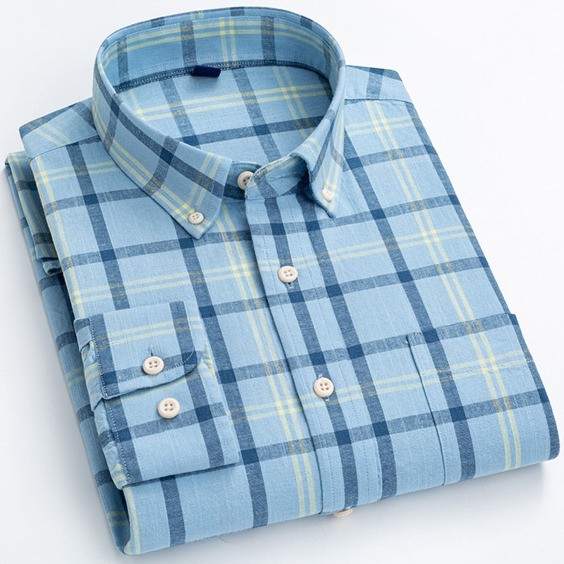 Men's Regular-Fit Shirt Cotton Line Long Sleeve Loose Business Dress Pure Color Button Shirt Men Blue White Tops Camisa Hombre L