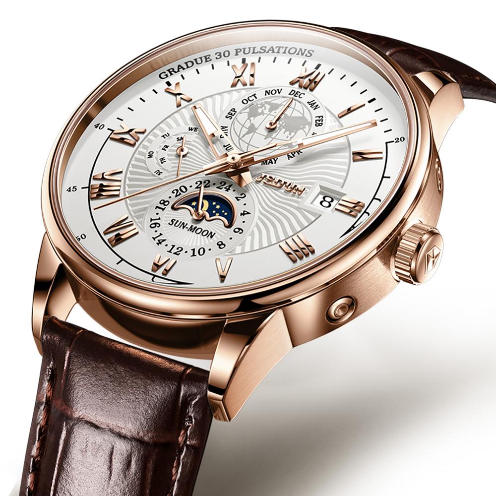JSDUN Men's Mechanical Watch Luminous Leather Strap Waterproof Man Watch Top Brand Luxury Business Watch For Men Moonswatch 8909