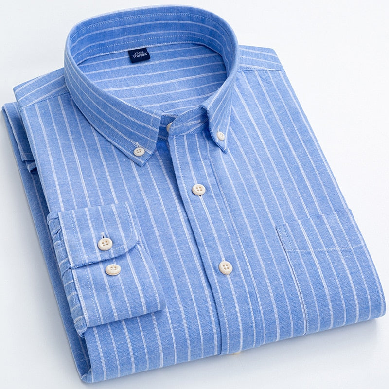Men's Regular-Fit Shirt Cotton Line Long Sleeve Loose Business Dress Pure Color Button Shirt Men Blue White Tops Camisa Hombre L